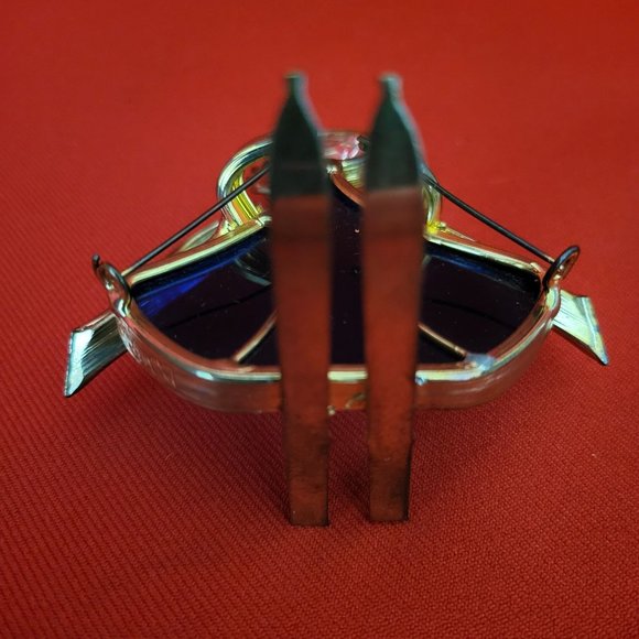 Vintage Stained Glass Skier Blue Gold Tone - Picture 5 of 12